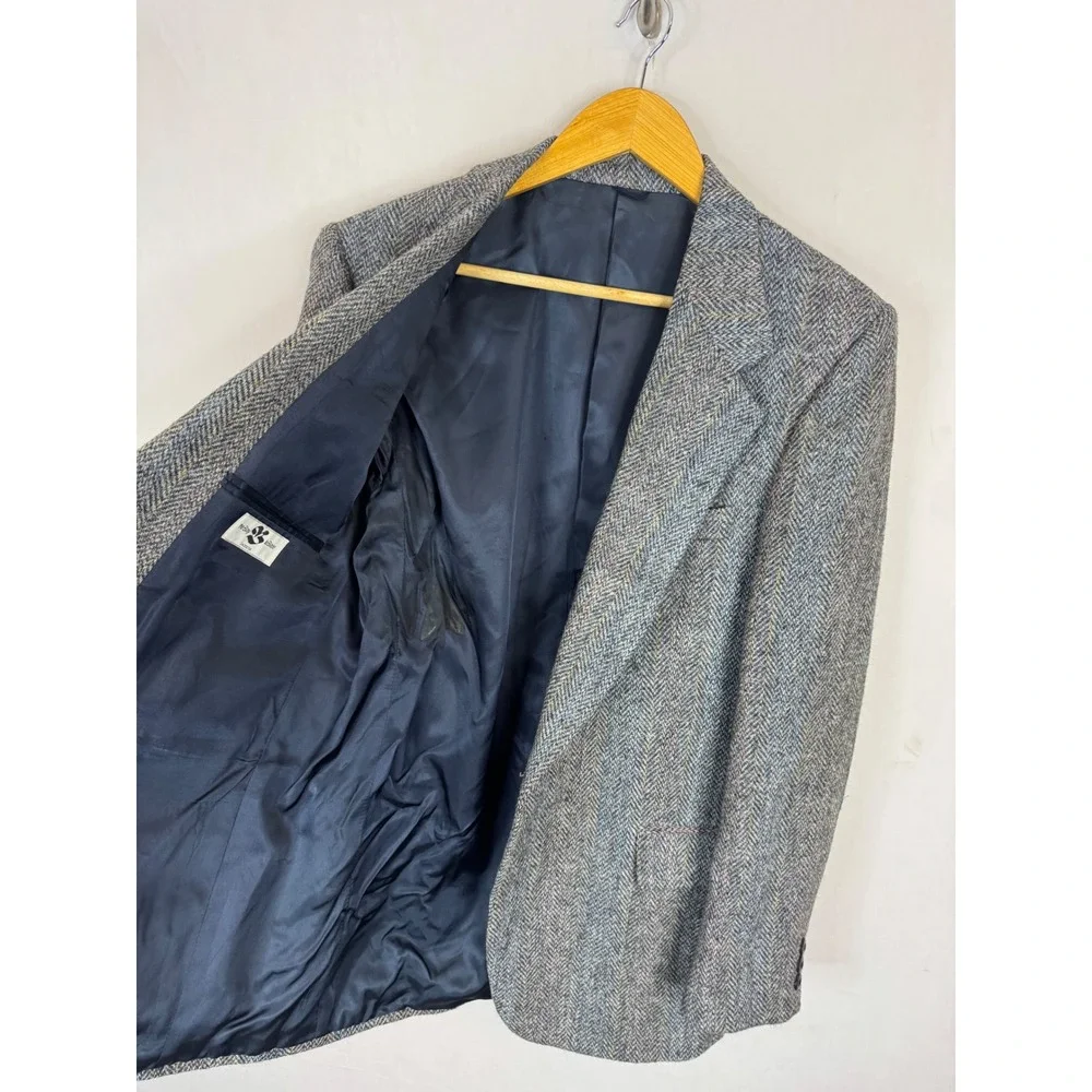 Harris Tweed The Bay Mens Grey Herringbone Wool Blazer Sport Coat 42R Vintage